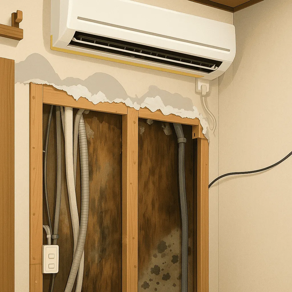 【さいたま市】20℃以下の温度設定で発生したカビ被害｜壁掛けエアコン裏の結露と防カビ工事