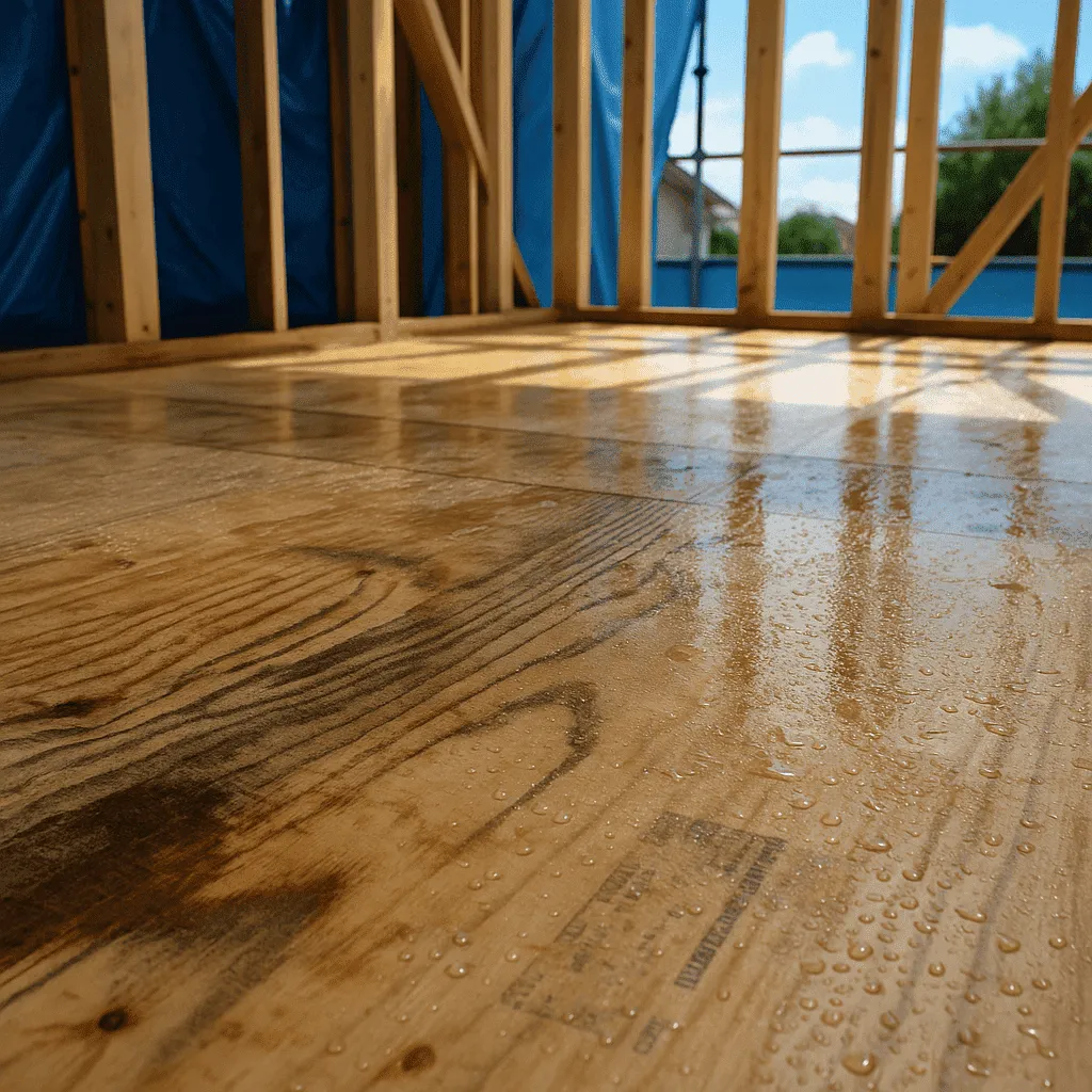 建築中に雨で濡れた構造用合板|乾いたあとに始まる腐朽菌の危険